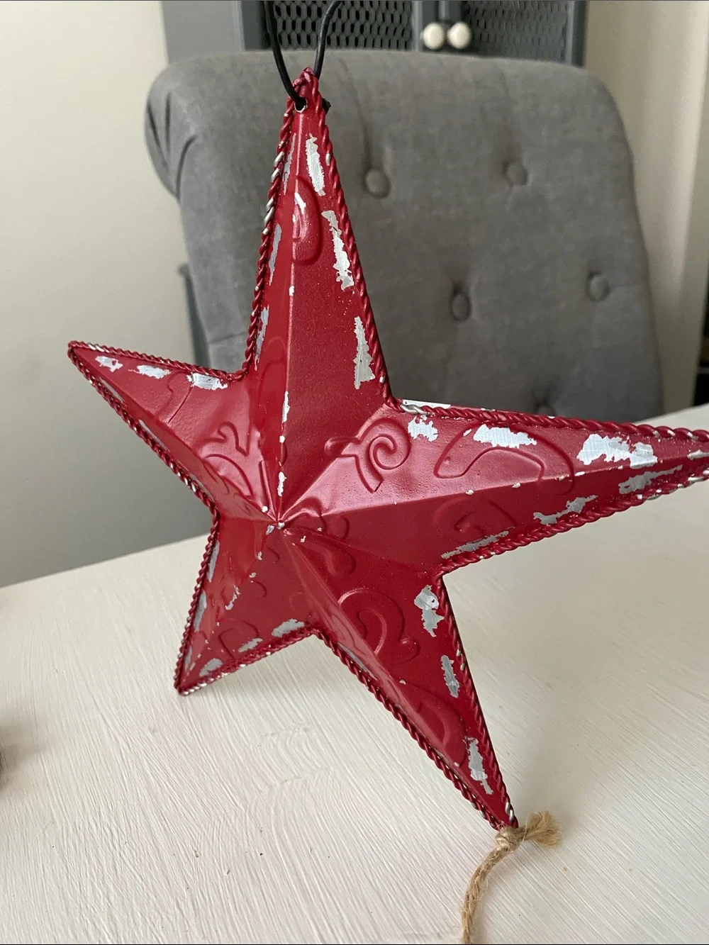 Farmhouse Rustic Christmas Ornaments Snowflake Red Metal Star & Burlap Snowman
